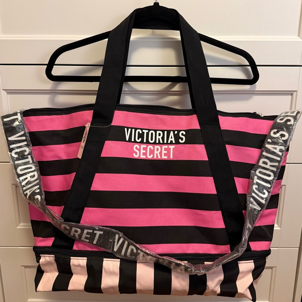 NWT Victoria's Secret Pink and Black Striped Tote Weekender Duffle Travel Bag